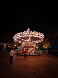 Illuminated ferris wheel in city against sky at night