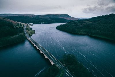 High angle view of bridge over calm sea