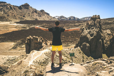 Rear view of boy with arms outstretched looking at landscape during sunny day