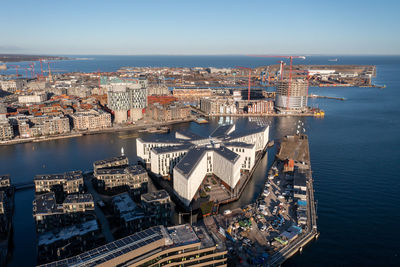 High angle view of city at waterfront