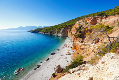 Scenic view of bay against clear blue sky