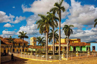 Palm trees in town against cloudy sky