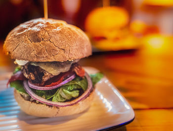 Close-up of burger in plate