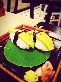 High angle view of dessert in plate on table