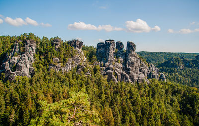 Panoramic view of trees and rock formations against sky