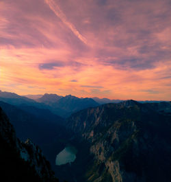 Scenic view of mountains against sky during sunset