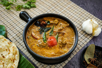 High angle view of soup in bowl on table