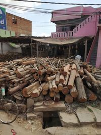 Stack of logs in building