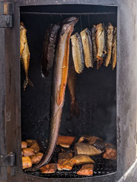 Fresh marine fish being smoked in smoking chamber