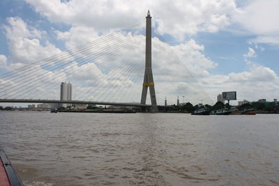 Suspension bridge over river with city in background