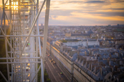 High angle view of city buildings during sunset