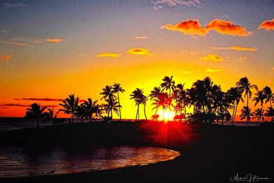 Silhouette palm trees by sea against romantic sky at sunset