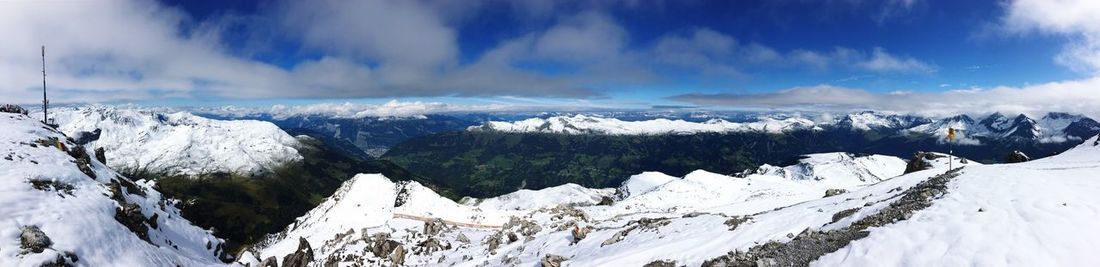 Scenic view of snow covered mountains against sky