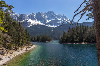 Scenic view of lake by snowcapped mountains against sky