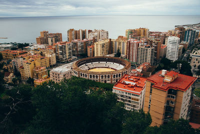 High angle view of buildings against sky