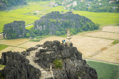 High angle view of tourists on land