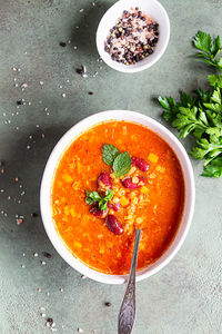 Hot and spicy, thick lentil and red bean soup with canned tomatoes and coriander. 