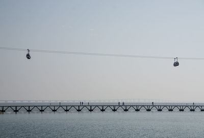 Overhead cable cars over sea against clear sky