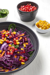 High angle view of food in plate on table