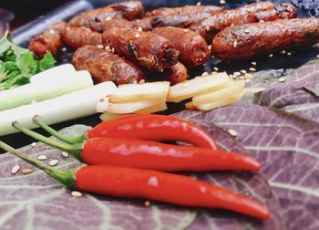 Close-up of meat on barbecue grill