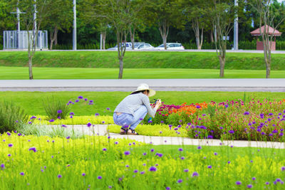 Full length of woman with pink flowers on grass