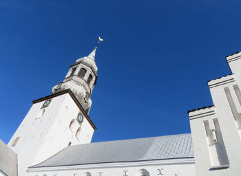 Low angle view of church building against clear blue sky