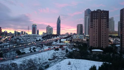 City skyline at sunset