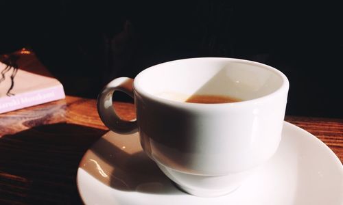 Close-up of coffee cup on table