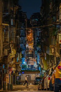 High angle view of city street at night