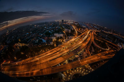 High angle view of illuminated city at night