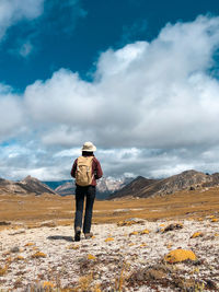Rear view of man standing on mountain against sky