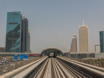 Railroad tracks amidst buildings in city against clear sky