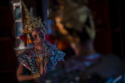 Thai ghost in traditional costume that appear in history, portrait of asian woman make up ghost face