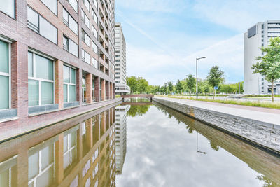 Reflection of buildings in city against sky