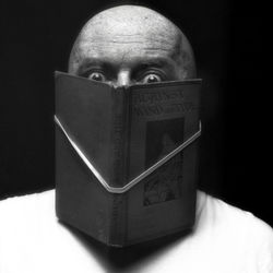 Portrait of man with text