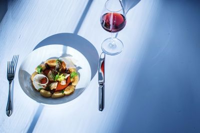 High angle view of breakfast served on table