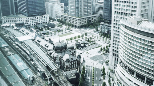 High angle view of street amidst buildings in city