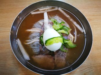 High angle view of soup in bowl on table