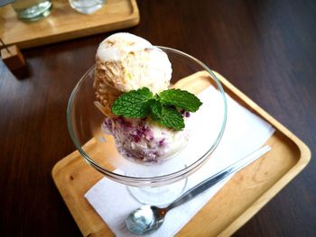 High angle view of ice cream in plate on table