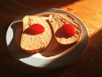 High angle view of breakfast on table