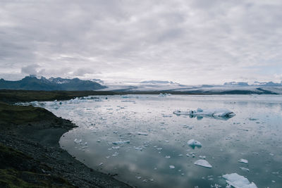 Scenic view of lake and mountains against sky