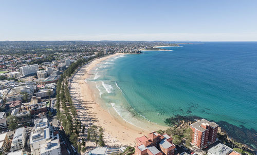 Aerial drone shot of famous manly beach, a beach-side suburb of northern sydney, australia.