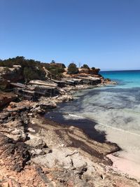 Scenic view of beach against clear blue sky