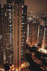 High angle view of illuminated buildings at night