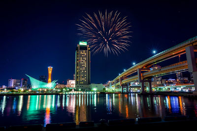 Firework display over river by buildings against sky at night