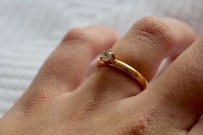 Close-up of hand holding wedding rings