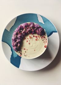 High angle view of cake in plate on table