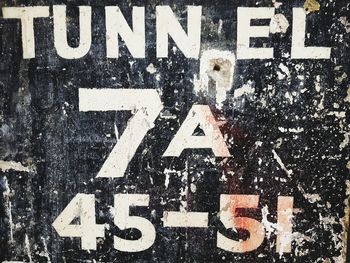 Text on road sign against wall in city