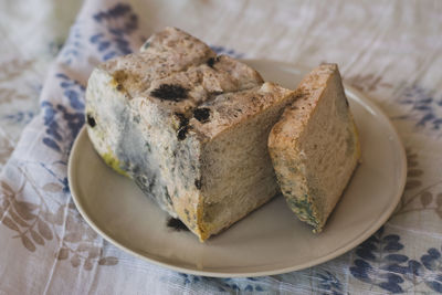 High angle view of bread in plate on table