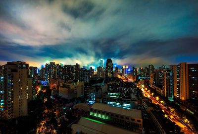 View of city lit up at night